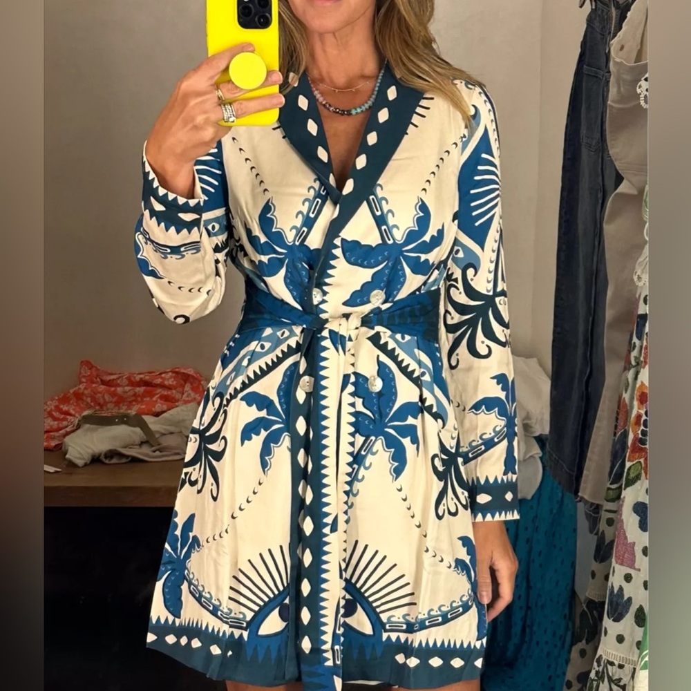 Farm Rio - Blue & Cream Print Long Sleeve Button Front mini Dress Sz xs